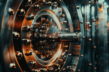A close up of a vault door with a key in it - obrazy, fototapety, plakaty
