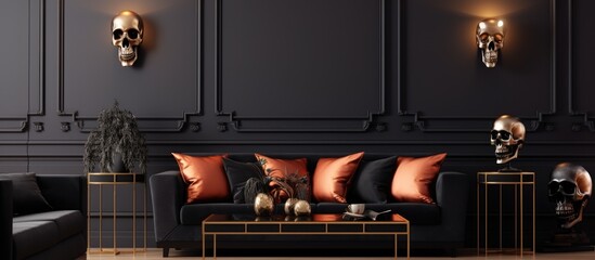 A modern living room is filled with sleek black couches adorned with vibrant orange pillows. The room features metallic gold accents, blank picture frames, copper skull side tables,