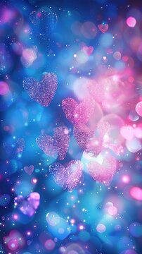 blue and pink glitter vintage lights background. defocused. hearts overlay © Svitlana