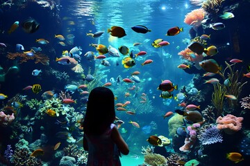 silhouette of girl standing in front of aquarium with exotic tropical colorful fish 