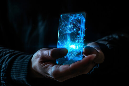 A person is holding a smart phone with a blue screen