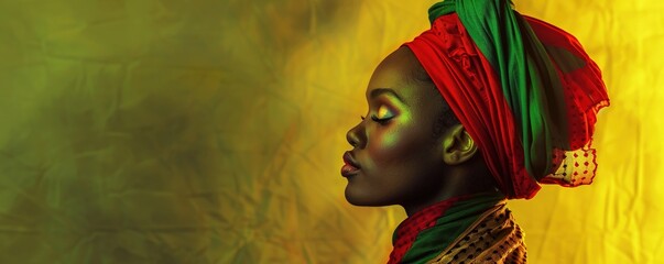 Beautiful fictional African woman with headscarf in red, green and yellow (African colors) for black history month, juneteenth or remembrance abolition. - obrazy, fototapety, plakaty