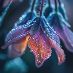Beautiful purple flowers with dew drops close up. Nature background. A close-up photograph capturing the intricate details of a specimen collected during a botanical field trip. Delicate petals - obrazy, fototapety, plakaty
