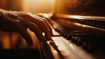 Pianist playing the piano in the evening. Close-up. Close up of man's hands playing the piano. Selective focus. A close-up photograph capturing the intricate movements of a nimble pianist's fingers  - obrazy, fototapety, plakaty