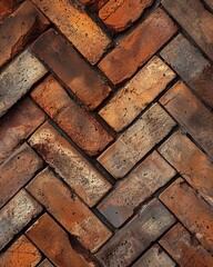Background of brick wall texture. Close-up brick wall texture. A close-up photograph capturing the rugged texture and warm earthy tones of weathered red bricks, arranged in a herringbone pattern.