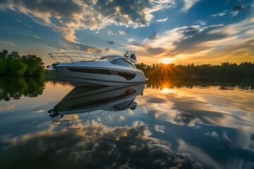 Tranquil Elegance: Exquisite Cabin Cruiser Serenity on an Exclusive Lake - obrazy, fototapety, plakaty