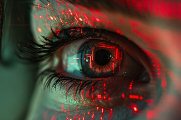 A close up of a woman 's eye with red lights shining on it