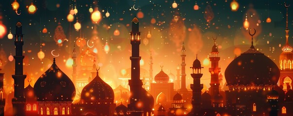 An ornate eid celebration with intricate mosques silhouette inside a glowing lantern backdrop