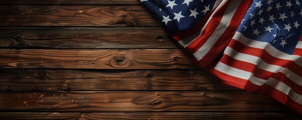 American National Holiday. US Flags with American stars, stripes and national colors. Construction and manufacturing tools on wooden background. - obrazy, fototapety, plakaty