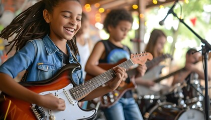 band of kids rocking out playing music together having fun as friends  - Powered by Adobe