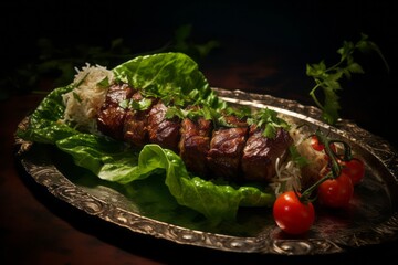 Highly detailed close-up photography of a refined  kebab on a palm leaf plate against a polished...
