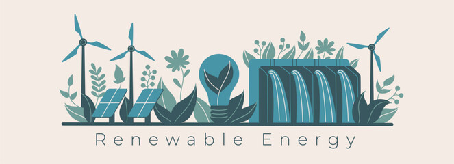 This banner showcases green leaves alongside symbols of renewable energy such as solar panels, windmills, and hydro power, promoting the Save the Planet concept through sustainable energy solutions. - obrazy, fototapety, plakaty