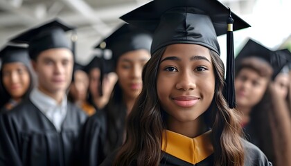 portrait of black woman graduate with college peers in the background cap and gowns