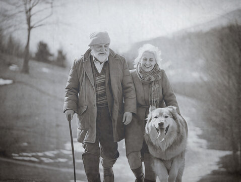Portrait of a handsome man and woman with the nice dog in the style of a newspaper picture
