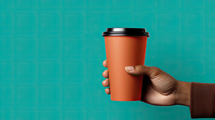 A hand holds an orange disposable cup of tea or coffee on a green background. Blank space for product placement or advertising text.