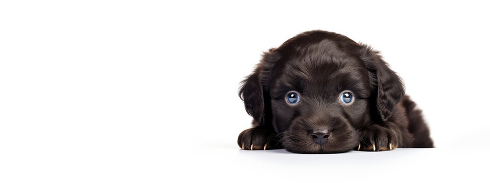 Cute black labrador puppy lies on a white background. Advertising poster layout for a pet store or veterinary clinic.