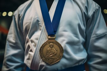 Gold medal hanging from the neck of a judoka