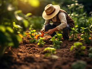 A farmer cultivating land in the garden with hand tools, gardening concept  