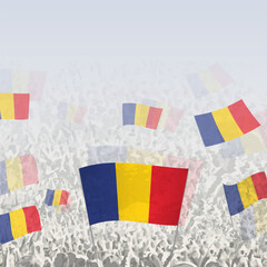 Crowd of people waving flag of Romania square graphic for social media and news.
