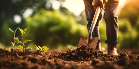 Close up of a farmer cultivating land in the garden with hand tools, gardening concept in spring 