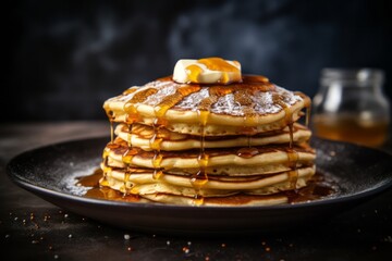 Macro view photography of a tempting pancakes on a rustic plate against a polished cement background. AI Generation
