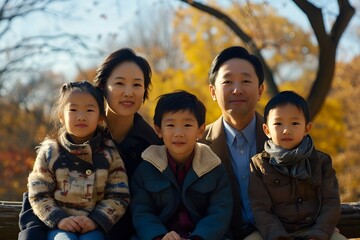 Asian family sitting at park in the fall mother father three children two boys one girl 