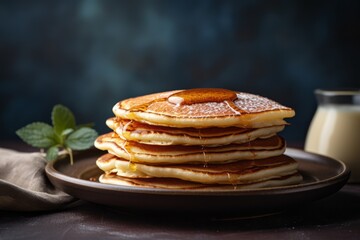 Macro view photography of a tempting pancakes on a rustic plate against a polished cement background. AI Generation