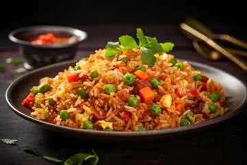 Close-up view photography of a delicious fried rice on a slate plate against a rusted iron background. AI Generation