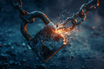 Fotobehang A heart shaped padlock is being broken by a chain © MagnusCort