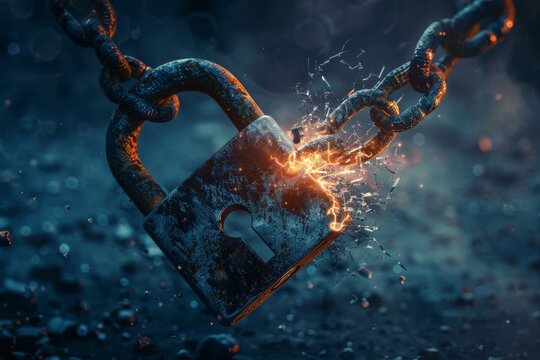 Naklejki A heart shaped padlock is being broken by a chain