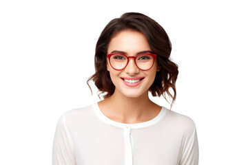 Obraz premium Studio portrait of a beautiful young Caucasian Americana business woman wear glasses and casual shirt with an attractive smile, isolated on transparent png background.