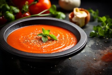 Highly detailed close-up photography of a tasty gazpacho on a slate plate against a rusted iron background. AI Generation
