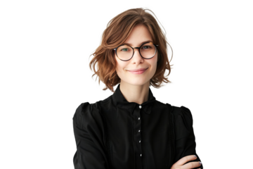 Studio portrait of a beautiful young Caucasian Americana business woman wear glasses and casual shirt with an attractive smile, isolated on transparent png background.