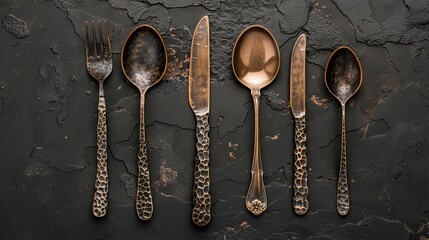 Rustic vintage set of cutlery knife, spoon, fork. Black background. Top view