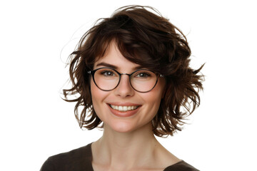 Obraz premium Studio portrait of a beautiful young Caucasian Americana business woman wear glasses and casual shirt with an attractive smile, isolated on transparent png background.