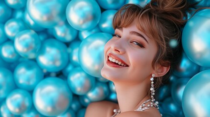 girl smiling against a background of pearls.​.