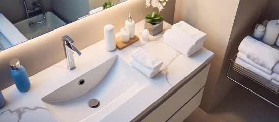 The image shows a modern bathroom with a sink and a mirror. The counter is cluttered with toothpaste, a toothbrush, and a folded towel. The view leads to the bedroom.