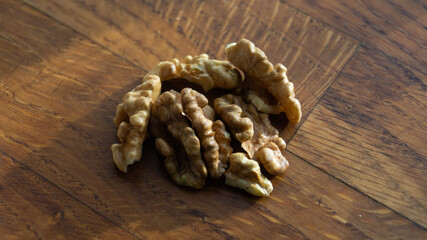 Walnut close-up. Walnut on a wooden table