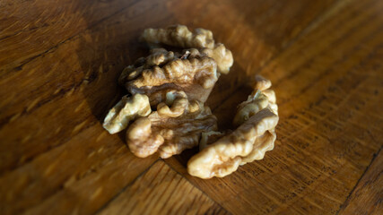 Walnut close-up. Walnut on a wooden table
