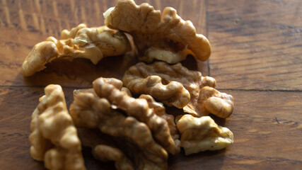 Walnut close-up. Walnut on a wooden table