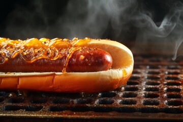 Macro detail close-up photography of a juicy hot dog on a metal tray against a rusted iron background. AI Generation