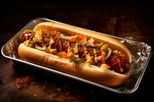 Detailed close-up photography of an exquisite hot dog on a plastic tray against a rusted iron background. AI Generation