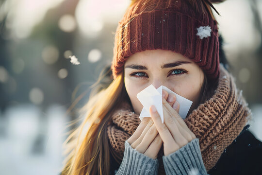 Young European woman with the flu, blowing her nose using a tissue, managing symptoms and seeking relief from discomfort during cold or allergy season