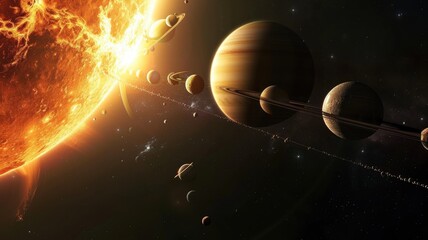 Dramatic portrayal of the solar system with planets aligned in an orbital dance, set against the...