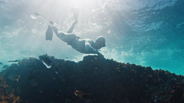 Freediver swims underwater in the sea