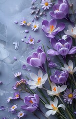 purple crocus and daisies surrounded by space for text