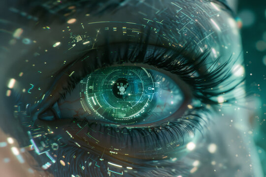 A close up of a woman 's eye with a futuristic display