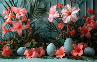 some eggs, plants and flowers surround an Easter egg