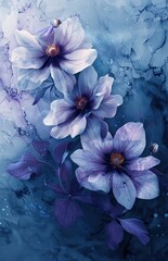 purple and white flowers are on a blue canvas