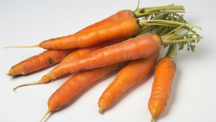 the carrots are sitting along a white background